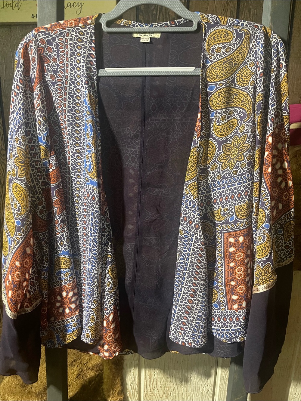 ONE WORLD Paisley Patchwork Open-Front Jacket in Navy, Mustard & Rust